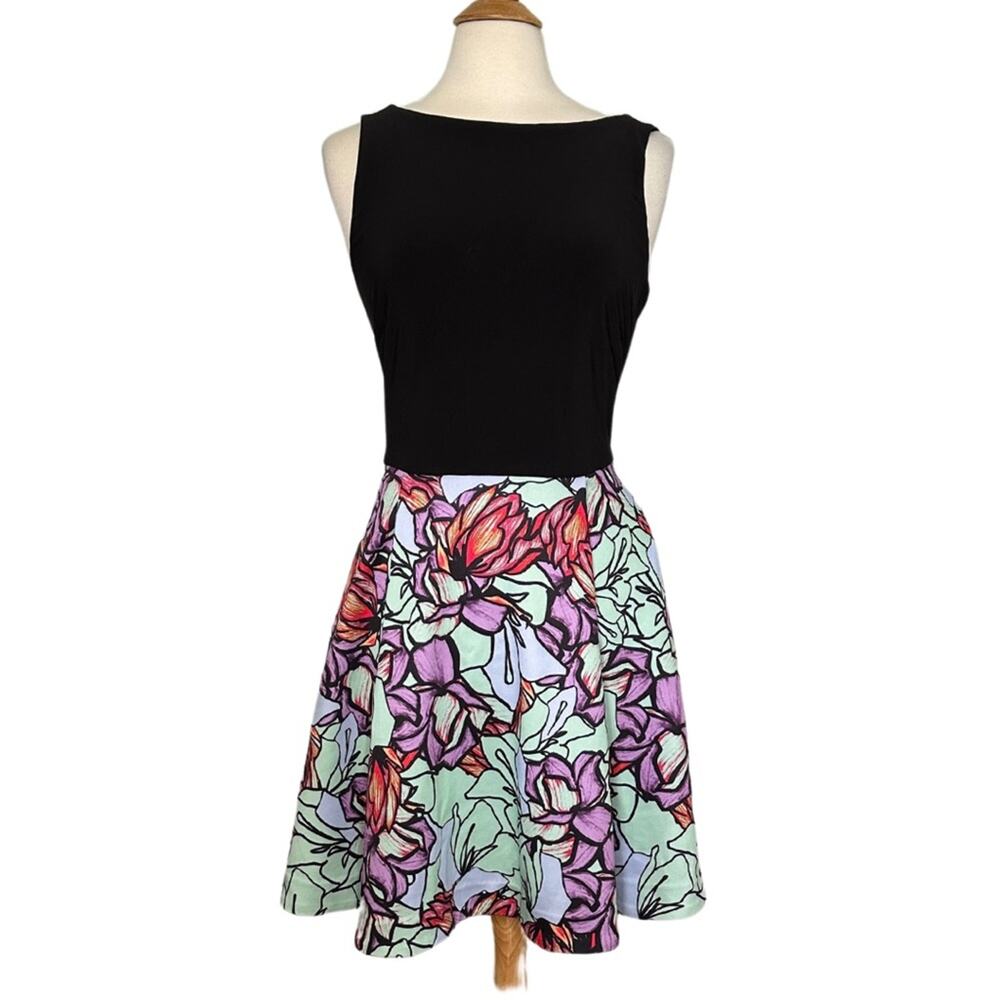 SLNY Black Tank Colorful Skirt Zipper Back Abstract Artsy Girly Boho Bohemian TJ